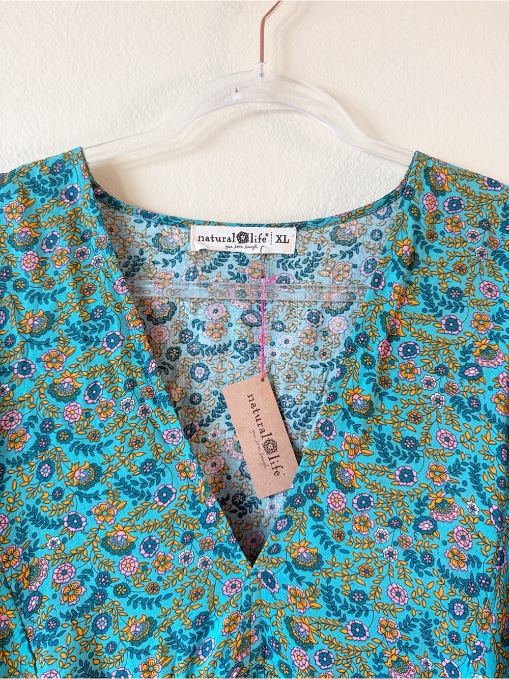 Natural Life XL Floral Boho Babydoll Dress Teal Pockets Oversized Cottagecore - Picture 2 of 12